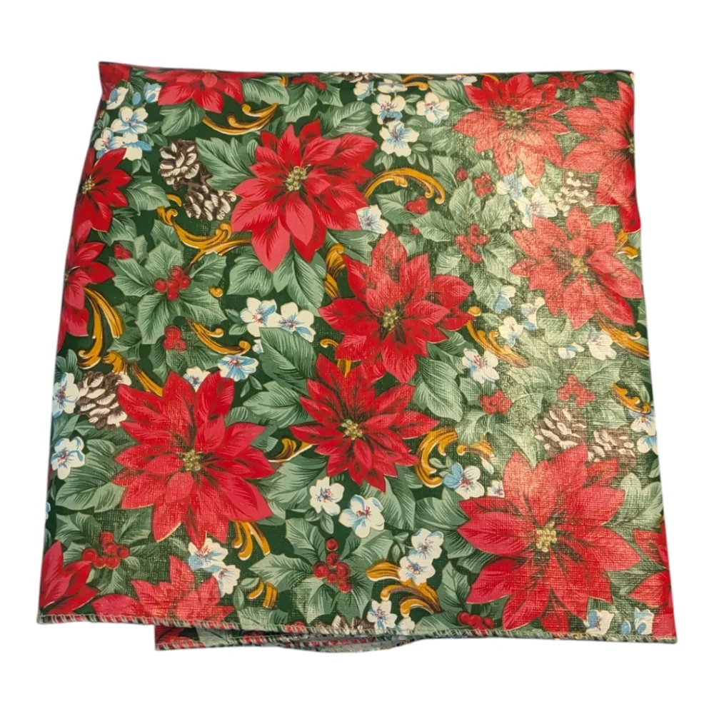 VTG Christmas Pointsetta Flannel Back Plastic Table Cloth Rectangular 68